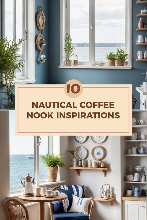 Ahoy, coffee lovers! Transform your space into a breezy escape with these 10 ideas for nautical style coffee nooks. Imagine sipping your morning cup while surrounded by coastal decor, cushioned seating, and decorative clocks that capture that ocean-inspired vibe. Whether you're seeking a cozy corner with a view or wish to revamp your existing nook, this guide has everything you need! Create the perfect coffee setup that blends beachy aesthetics with comfort—your ideal retreat awaits on every sip! Beach House Coffee Bar, Coastal Coffee Bar Ideas, Coastal Coffee Bar, House Coffee Bar, Coffee Nook Ideas, Coffee Nooks, Coffee Setup, Coffee Corners, Nautical Curtains