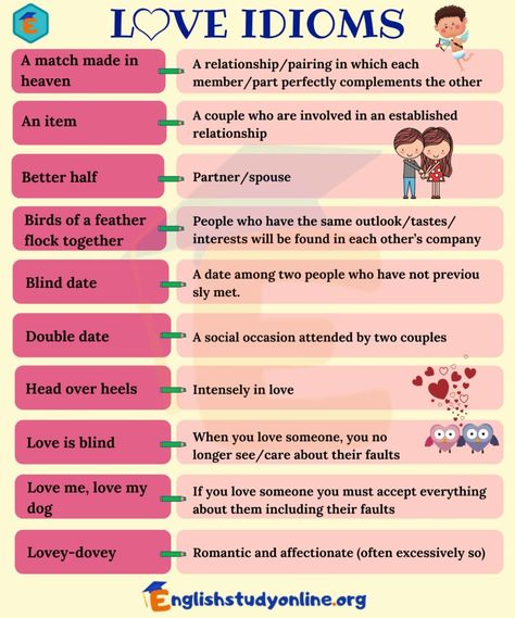 Love Idioms: 30 Popular Idioms about Love in English - English Study Online Idioms About Love, Love Idioms, Idioms And Their Meanings, Idioms Activities, Proverbs English, English Phrases Idioms, Idioms And Phrases, English Vocab, Slang Words