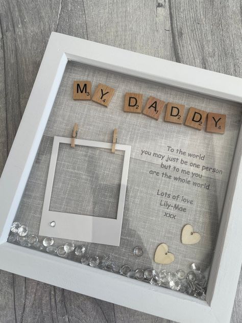 Personalised gift for dad, Daddy Scrabble box Frame, Father's Day Gift #fathersday #giftideas #fathersdaygifts #fathersdaycrafts. https://whispers-in-the-wind.com/fathers-day-2024-unique-gift-ideas-to-say-thanks-dad/?-160 Father’s Day Picture Frame Ideas, Fathers Day Frame Ideas, Diy Dad Christmas Gifts From Kids, Personalized Fathers Day Gifts From Kids, Father Day Diy Gifts, Box Frame Art Ideas, Father's Day Diy Gifts, Father’s Day Ideas, Father’s Day Gift Ideas