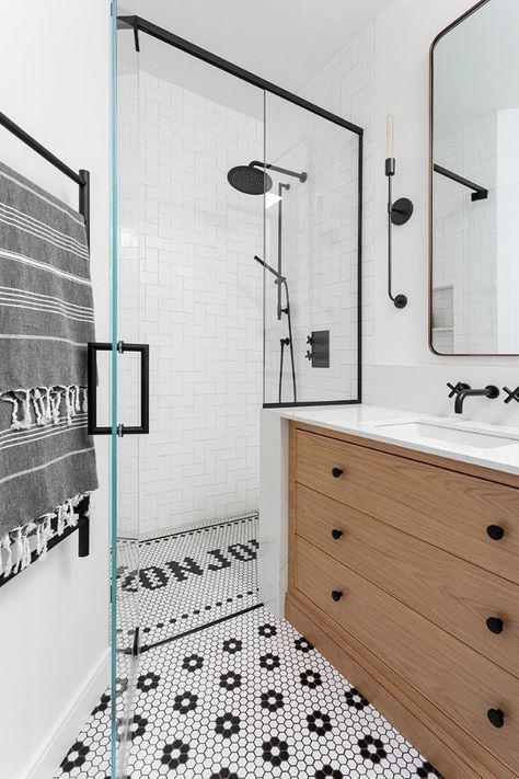 Walk In Shower Ideas | Carpet One Floor & Home White Penny Tile Bathroom, Black Bathroom Floor Tiles, Penny Tile Bathroom Floor, Penny Tile Backsplash, Black Bathroom Floor, Penny Tiles Bathroom, Grey Bathroom Floor, Penny Tile Floors, Walk In Shower Ideas