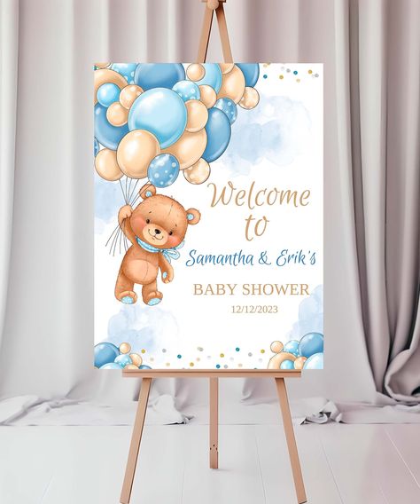 Editable Baby Shower Welcome Sign With Teddy Bear and Blue and Gold Balloons, Boy Theme Baby Shower Favors, Personalized & Printable, TBS5 - Etsy United Arab Emirates Teddy Bear Welcome Sign, Teddy Bear Baby Shower Theme Decoration, Welcome Sign Baby Shower Boy, Baby Blue Baby Shower Ideas Boys, Welcome Baby Boy Decoration Ideas, Can Bearly Wait Baby Shower Ideas, Teddy Bear Birthday Theme, Welcome To Baby Shower Sign, Baby Boy Signs