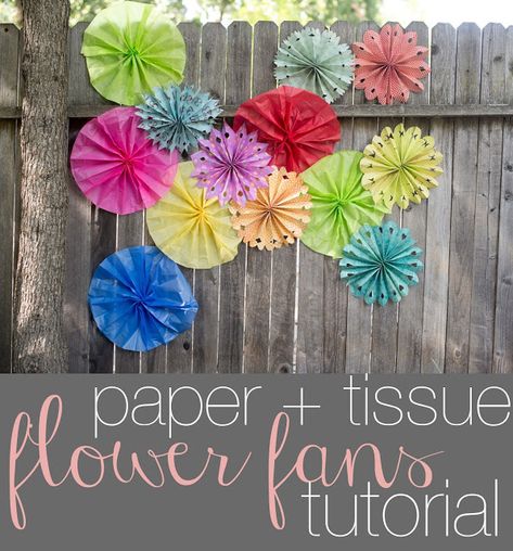 How to make paper and tissue paper flower fans. Flower Fans, Tissue Paper Decorations, Tissue Paper Flowers Diy, Tissue Paper Crafts, Paper Party Decorations, Tissue Flowers, Tissue Paper Flowers, Paper Fans, Paper Flowers Diy