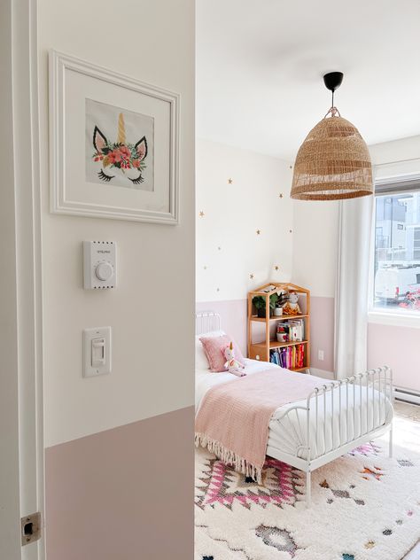 My 4 year old asked for a unicorn room! Four Year Old Bedroom, Half Pink Wall Bedroom, Bedroom Ideas For 6 Year Girl, 4 Year Girl Bedroom Ideas, Unicorn Room Ideas Bedrooms, Boho Unicorn Bedroom, Toddler Big Girl Room, Unicorn Bedroom Ideas, Unicorn Kids Room