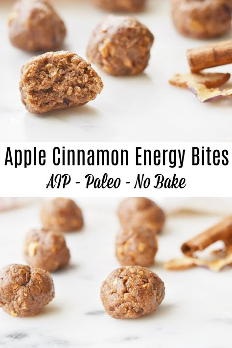 Apple Cinnamon Energy Bites (AIP/Paleo) * Lichen Paleo, Loving AIP Apple Cinnamon Energy Bites, Aip Energy Bites, Aip Protein Balls Energy Bites, Aip Fruit List, Aip Energy Balls, Aip Protein Balls, Aip Snacks Store Bought, Aip Protein Snacks, Aip Elimination Recipes