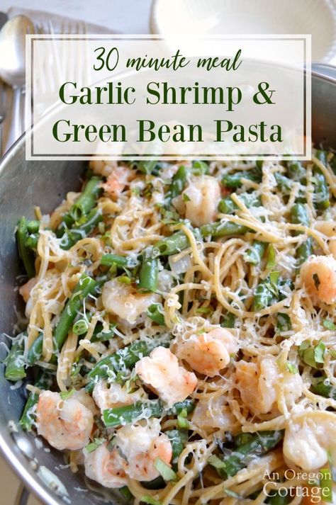 Whip up this easy, creamy garlic shrimp pasta with green beans in just 30 minutes or less! Perfect recipe for weeknight family meals. #shrimprecipe #greenbeanrecipe #30minutemeal #familydinners #anoregoncottage Green Bean Pasta, Oregon Recipes, Creamy Garlic Shrimp Pasta, Shrimp And Green Beans, Bean Pasta Recipes, Creamy Garlic Shrimp, Pasta With Green Beans, Oregon Cottage, Cottage Recipes