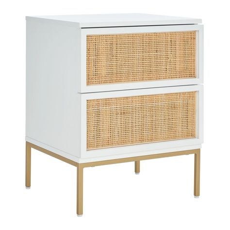 Ria Wood And Natural Rattan Nightstand With Drawers - World Market Affordable Nightstand, Nightstand With Drawers, Rattan Nightstand, Chic Nightstand, White Nightstand, Gold Legs, Modern Nightstand, Coastal Design, Modern Coastal