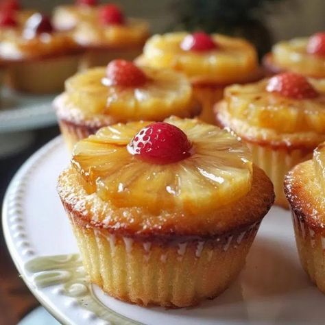 Pineapple Upside-Down Cupcakes Recipe – Tasty Recipes Upside Down Cupcakes, Mini Pineapple Upside Down Cakes, Pineapple Upside Down Cupcakes, Pineapple Cupcakes, Maraschino Cherries, Pineapple Slices, Pineapple Upside, Pineapple Upside Down Cake, Pineapple Upside Down