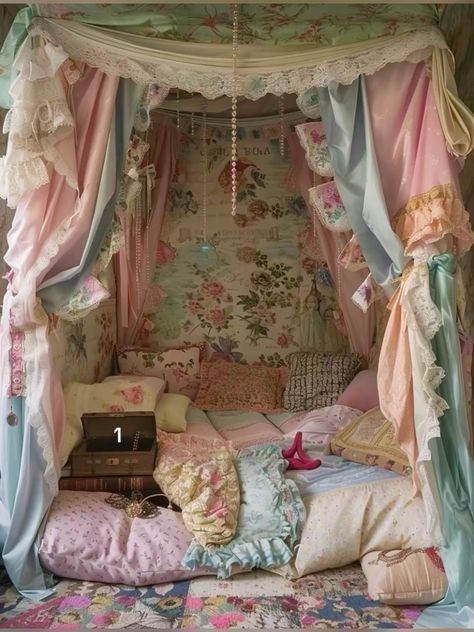 Fabric Room Decor, Pink Home Interior, Dreamy Room Decor, Shabby Chic Bedrooms Romantic, Cute Bed, Whimsical Room, Whimsical Bedroom, Dream Bedroom Inspiration, Deco Studio