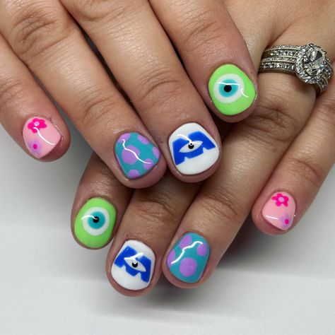 Disney Character Gel Nails, Disney Up Nails Art, Pixar Nails Short, Disney Character Nails Short, Different Disney Character Nails, Simple Short Disney Nails, Aesthetic Disney Nails Short, Boo Monsters Inc Nails, Book Nail Designs