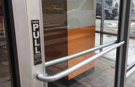 This picture represents the classic usability example of a door with ambiguity of whether it should be pulled or pushed. Push Door, Doors Makeover, Linear Actuator, Human Centered Design, Door Upgrade, Phase 4, Front Door Design, Shop Front, Door Makeover