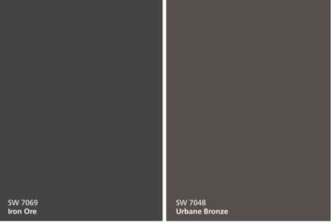 Sherwin Williams Urbane Bronze SW 7048 vs Iron Ore SW 7069 paint colors. #sherwinwilliams #paint #gray #popular #home #ideas Iron Ore Vs Urbane Bronze Sherwin Williams, Urban Bronze Wall Color, Sherwin Williams Iron Ore Vs Urbane Bronze, Sw Urbane Bronze Front Door, Sherwin William Urban Bronze, Sherwin Williams Bronze Colors, Urban Bronze Front Door Color, Urbane Bronze Front Door Exterior, Urbane Bronze Sherwin Williams Front Door