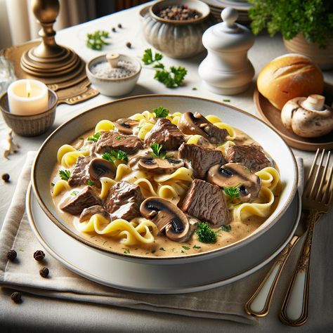 Cooking up Joy - Made with love: Classic Beef Stroganoff with Egg Noodles Classic Beef Stroganoff, Cooking Beef, Best Freeze Dried Food, Beef Stroganoff Recipe, Sour Cream Sauce, Gluten Free Noodles, Beef Strips, Dried Food, Stroganoff Recipe