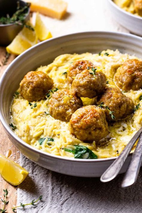 Creamy Spinach Orzo, Butter Chicken Meatballs, Chicken Meatball Recipe, Spinach Orzo, Chicken Meatball, Lemon Butter Chicken, Chicken Meatball Recipes, Creamy Spinach, Chicken Meatballs