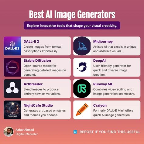 AI image generators are tools that use artificial intelligence to create images from text descriptions. Some of the top AI image generators include: 1. DALL-E 2 (OpenAI) 2. Midjourney 3. Stable Diffusion 4. DeepAI 5. Artbreeder 6. Runway ML 7. NightCafe Studio 8. Craiyon (formerly DALL-E mini) These tools vary in terms of image quality, ease of use, and accessibility. They can produce a wide range of images, from photorealistic to abstract art, based on text prompts. Many are used for cre... Dall E 2 Art, Open Source, Art Base, Create Image, Detailed Image, Video Editing, Product Description, New Art, Art