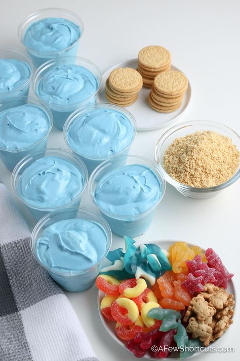 Ocean Snacks For Preschool, Sand Pudding Cups, Sand Pudding Dessert, Pudding Dessert Cups, Ocean Snacks, Sand Dessert, Sand Pudding, Beach Dessert, Vbs Snacks