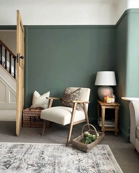 Farrow and Ball Green Smoke 47 living room Farrow And Ball Green, Farrow And Ball Bedroom, Farrow And Ball Living Room, Green Walls Living Room, Green Lounge, Snug Room, Farrow And Ball, Room Color Schemes, Living Room Green