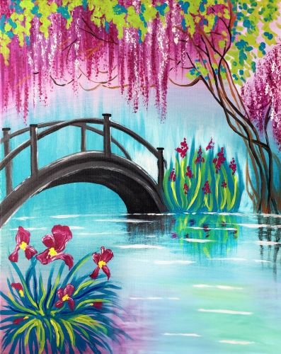 Paint Nite, Oil Pastel Art, Spring Painting, Simple Acrylic Paintings, Night Painting, Beginner Painting, Amazing Art Painting, Art Painting Acrylic, A Bridge