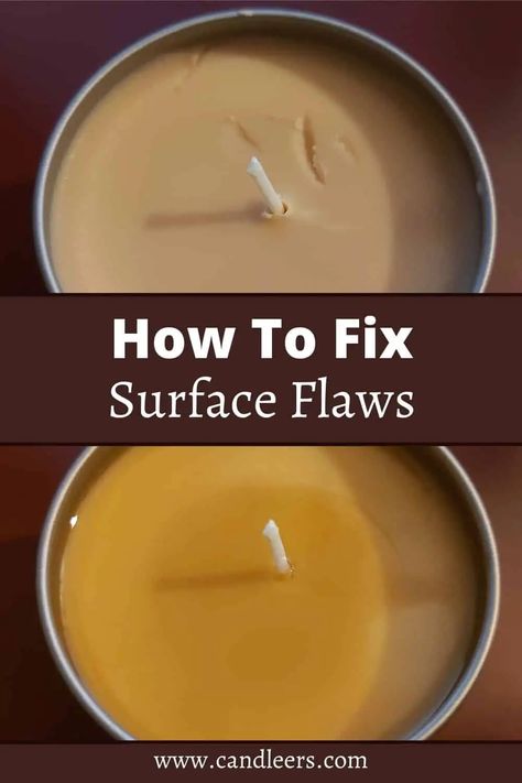 How to fix surface flaws in your homemade candles. #candlemaking #candles #scentedcandles #crafts #diy Candles With Pictures, Candle Hacks, Making Wax Melts, Candle Making Tips, Homemade Craft Ideas, Candle Tips, Candle Hack, Candle Making Studio, Easy Filipino Recipes