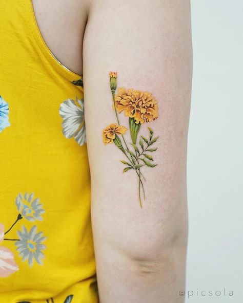 Motherhood Tattoo, Marigold Flower Tattoo, Marigold Tattoo, Carnation Tattoo, Daffodil Tattoo, Tattoo Pictures, Daisy Tattoo, Floral Tattoo Sleeve, Birth Flower Tattoos