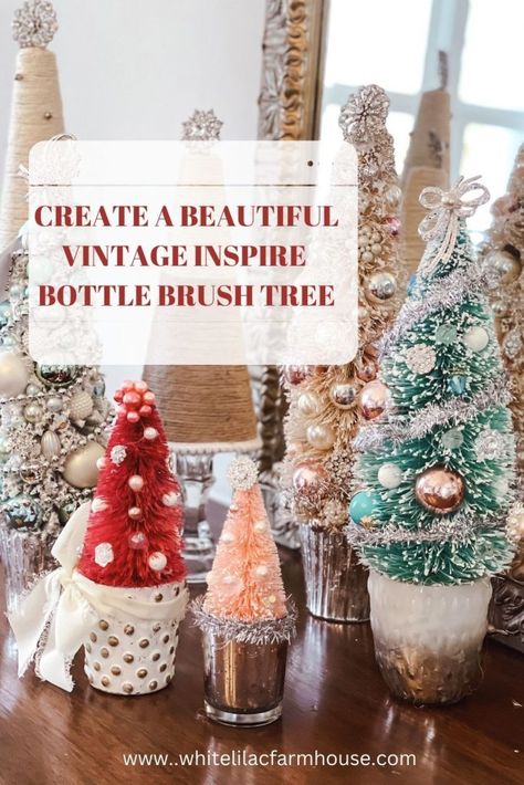 Create a Beautiful Vintage Inspire Bottle Brush Tree - Pinterest Bottle Brush Trees Decor, Bottle Brush Tree Ideas, Diy Bottle Brush Trees, Bottle Brush Tree Crafts, Baking Gift Ideas, Christmas Ideas To Make, Garland Ornaments, Bottlebrush Trees, Christmas Merry And Bright