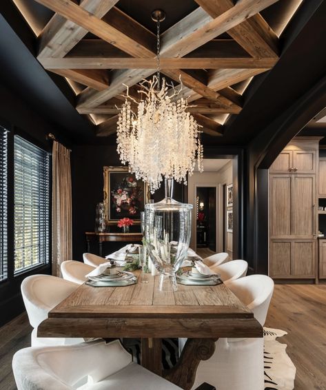 Dining room goals! 😍 This dining room, featuring dark, moody walls and intricate ceiling beams, is ideal for any occasion.⁠ ⁠ Construction | @fairview_custom_homes ⁠ Photography | @inspiro8studios⁠ Dark Gray Dining Room, Dark Grey Dining Room, Eat Drink And Be Merry, Dining Room Fireplace, Grey Dining Room, House Modern, Room Goals, Interior Renovation, Be Merry