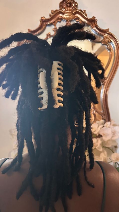 Claw clip up do on shoulder length locs Shoulder Length Loc Styles, Shoulder Length Faux Locs, Shoulder Length Locs Hairstyles, Shoulder Length Locs Styles, Shoulder Length Locs, Loc Goddess, Short Locs, Loc Hairstyles, Beautiful Natural Hair