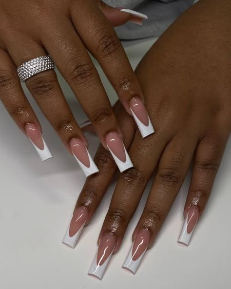 17 Gorgeous Long Christmas Nail Ideas for 2023 - thepinkgoose.com Clean Girl Acrylic Nails, Twentyfine Birthday, White Square Acrylic Nails, White French Tip Nails With Design, Bday Nails, Nail Collection, Graduation Nails, French Tip Nail Designs, Simple Acrylic