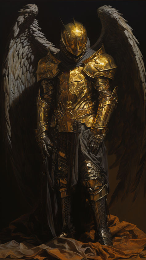 painting of a golden medieval knight, helmet with wings like hermes boots, 1970's dark fantasy art style, book cover art, surrealism: lifelike accuracy, volumetric lighting Winged Knight Art, Hermes Fantasy Art, Winged Boots Fantasy Art, Gold Knight Fantasy Art, Winged Helmet Knight, Armor With Wings, Fantasy Knight Helmet Design, Golden Warrior Fantasy Art, Golden Mask Fantasy Art