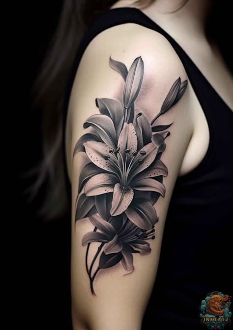 Stargazer Lily Tattoo: A Tattoo of Elegance and Sophistication – 42 Designs - inktat2.com Lily Tattoo Cover Up, Tattoo Designs Arm Women, Lily Flower Tattoo Designs For Women, Lilly Shoulder Tattoo, Giglio Tattoo, Flower Tattoo Cover Up, Lilies Tattoo Design, Stargazer Tattoo, Mara Tattoo