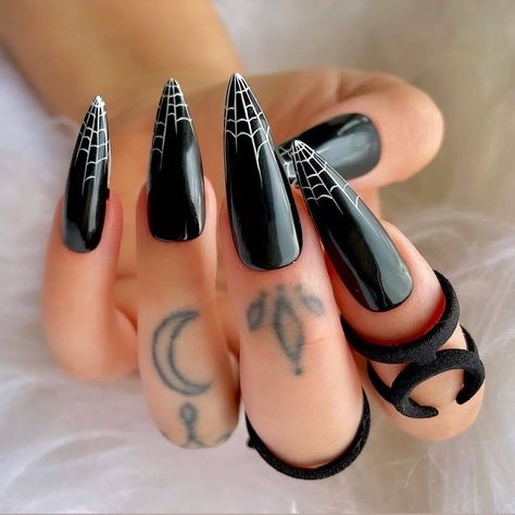 Spiderweb Nails French Tip, Toe Nails Halloween, Halloween Stilleto Nails, Black Goth Nails, Strawberry Milk Nails, Darkly Inclined, Milk Nails, Spiderweb Design, Lily Nails