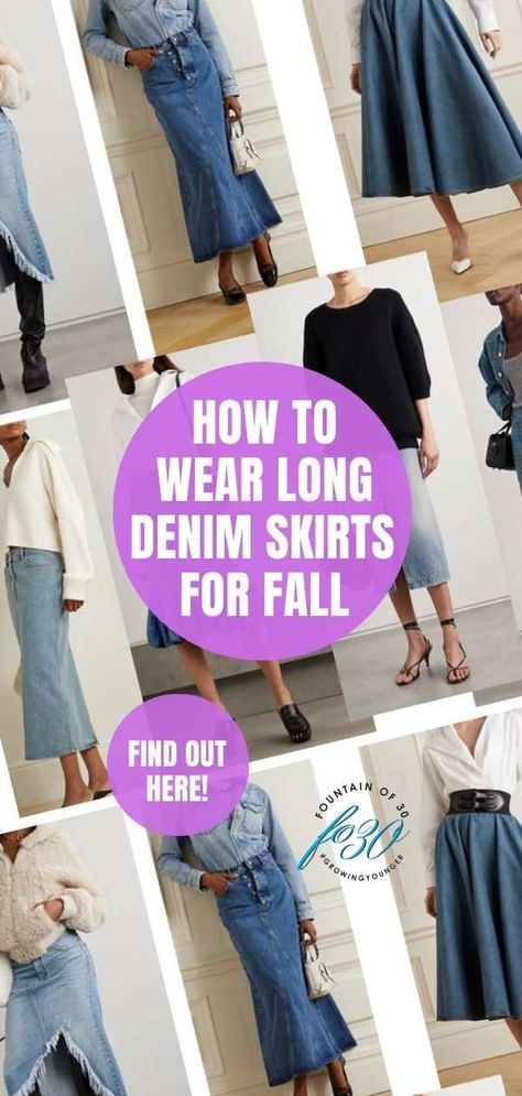 How do you wear a long denim skirt when you are over 50 and not look like a tween? Here are styling tips as well as low price options. #falltrends #denimskirt #style #fashion #styletips #splurgevssteal Chambray Skirt Outfit Fall, Plus Size Jean Skirt Outfits Fall, Long Skirt Winter Outfit Casual, Long Slim Skirt Outfit, Sweater With Denim Skirt, Shoes To Wear With Jean Skirt, How To Wear A Long Jean Skirt, What To Wear With Long Denim Skirt, Styling A Long Denim Skirt