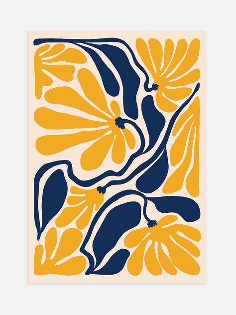 Create an inviting atmosphere with this luxurious poster inspired by Matisse's vibrant use of colors. This statement piece blends brilliant yellow and blue hues in an abstract flower print, creating a unique addition to your decor that will leave a lasting impression. Yellow In Nature, Blue Flower Poster, Blue And Yellow Pattern, Matisse Kunst, Yellow Poster, Boho Yellow, Abstract Flowers Print, Flower Poster, Botanical Art Prints