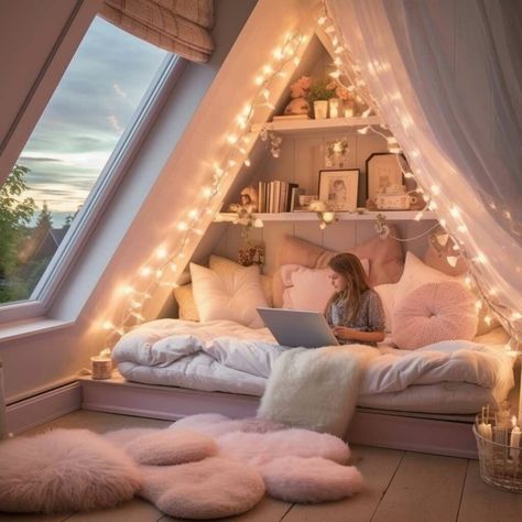 Attic Room Ideas Cozy Spaces, Girls Loft Bedroom, Loft Room Ideas, Low Ceiling Bedroom, Bedroom For Girls Kids, Hangout Room, Loft Bedroom, Loft Space, Attic Bedrooms