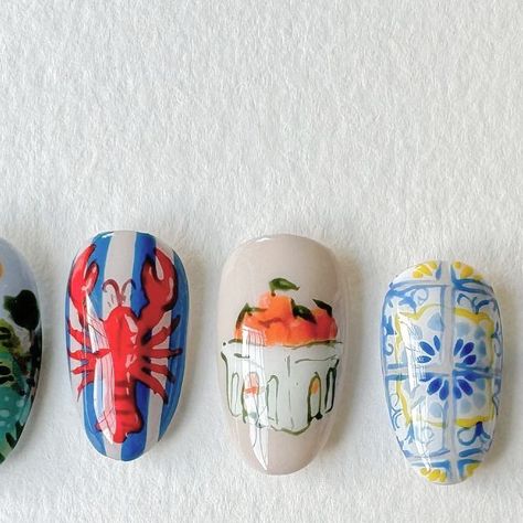 Milwaukee Gel Nail Artist on Instagram: "Amalfi coast inspired custom press ons 🍊

#pressons #custompressons #pressonnails #nailart #nailartist #nailsnailsnails #trendynailart #italynails #summernails #summernailart #handpaintednailart" Lobster Nails Designs, East Coast Nails, Italy Nail Art, Maine Nails, Amalfi Nails, Sardine Nails, Amalfi Coast Nails, Italian Nails, Cocktail Nails