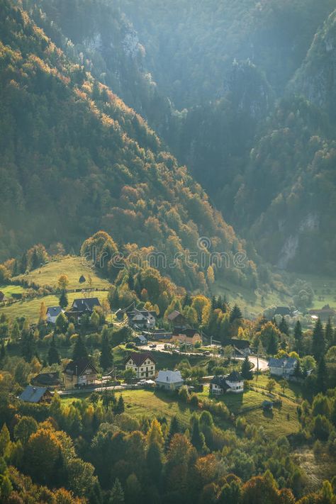 Mountain City Aesthetic, Small Mountain Town, Mountain Village Aesthetic, Mountain Town Aesthetic, Town In Mountains, Village In Forest, Village In Mountains, Village Mountain, Autumn Village