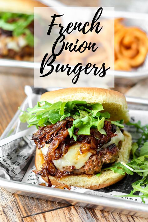 Unique Dinners For Two, Gourmet Burgers Recipes Homemade, French Onion Burger Recipes, Fancy Burgers Ideas, Unique Burgers Ideas, Specialty Burgers Recipes, French Onion Soup Burgers, Beef Burger Ideas, Special Burgers Ideas