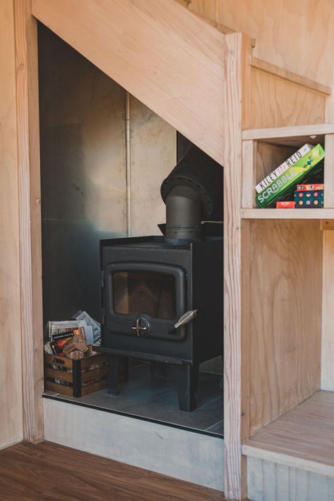 Wood Stove Under Stairs, Stove Under Stairs, Fireplace Under Stairs, Loft House Design, Composting Toilets, 5 Year Plan, Double French Doors, Off Grid Cabin, Tiny House Inspiration