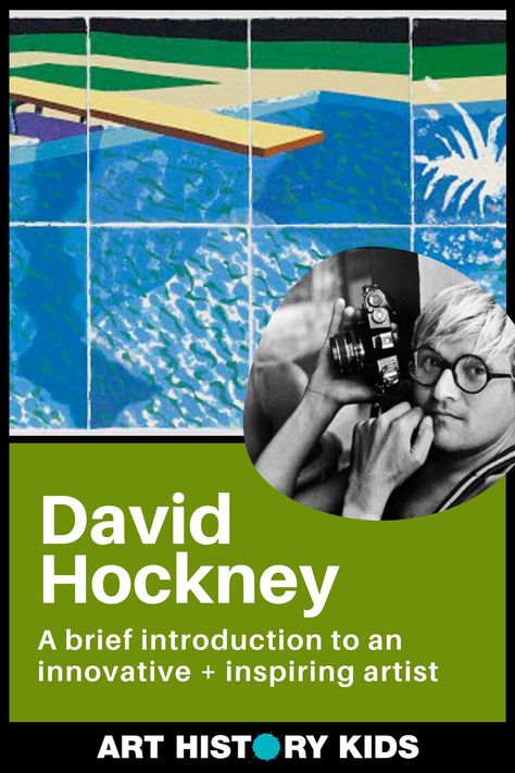 David Hockney Art History for Kids - Homeschool Art Curriculum - Artist Studies for kids - Art History Kids David Hockney Collage, David Hockey, David Hockney Photography, Photography Classroom, David Hockney Paintings, Homeschool Art Curriculum, David Hockney Art, Homeschool Art Projects, Art History Lessons