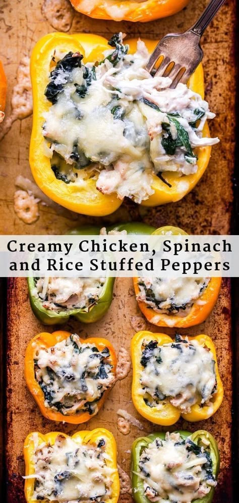 Creamy Chicken, Spinach and Rice Stuffed Peppers are a delicious variation on classic stuffed peppers! A family friendly dinner that also works well for meal prep. #stuffedpeppers #chickenandrice #chicken #rice #dinner #spinach #kidfriendly #healthydinner #mealprep #glutenfree Creamy Chicken Spinach, Spinach And Rice, Dinner Spinach, Classic Stuffed Peppers, Rice Stuffed Peppers, Stuffed Peppers With Rice, Chicken Spinach, Rice Dinner, Chicken Stuffed Peppers