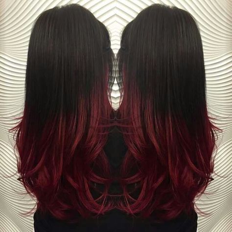 Dark Red Fade Hair, Red Ombre On Black Hair, Long Black Hair With Red Underneath, Black And Red Tips Hair, Dyeing The Ends Of The Hair, Red To Black Hair Ombre, Black And Red Hair Ombre, Black Hair With Red Ombre, Black Brown And Red Hair