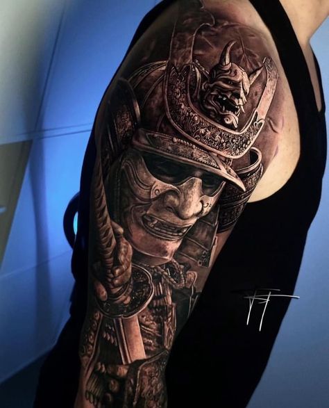 Tattoo Ideas Top Of Arm, Mens Forearm Sleeve, Black Samurai Tattoo, Samari Tattoos For Men, Samurai Sleeve, Japanese Ninja Tattoo, Half Sleeve Tattoos For Men Upper Arm Japanese, Japanese Battle Royale Tattoo, Samurai Sleeve Tattoo