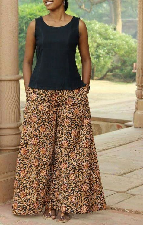 Extra flared palazzo pant Loose Palazzo Pants, Kalamkari Palazzo Pants, Palazo Top Outfits, Top For Palazzo Pants, Top For Palazzo, Plazoo Tops Palazzo Pants, Palazzo Pants And Top Outfit, How To Style Palazzo Pants Casual, Palazzo Pants Outfit Summer