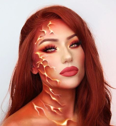 Dark Phoenix Makeup, Fire Make Up Halloween, Fire Inspired Costume, Phoenix Inspired Makeup, Phoenix Makeup Look, Phoenix Photoshoot Ideas, Fire Makeup Halloween, Fire Element Makeup, Fire Inspired Makeup