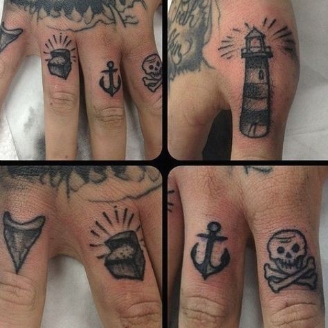 finger Tattoo; lighthouse, anchor, skull and crossbones ... #tattooideas #smalltattoo Anchor Knuckle Tattoo, Lighthouse Finger Tattoo, Pirate Finger Tattoo, Nautical Finger Tattoo, Shark Finger Tattoo, Anchor Finger Tattoo, Tattoo Lighthouse, Pirate Tattoo, Knuckle Tattoos