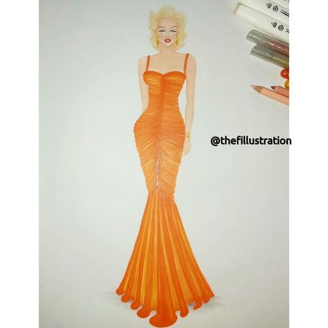 Marylin Monroe Orange Dress, Marilyn Monroe Orange Dress, Marilyn Monroe Orange, William Travilla, American Costume, Gentlemen Prefer Blondes, Costume Designer, Dress Drawing, Illustration Fashion