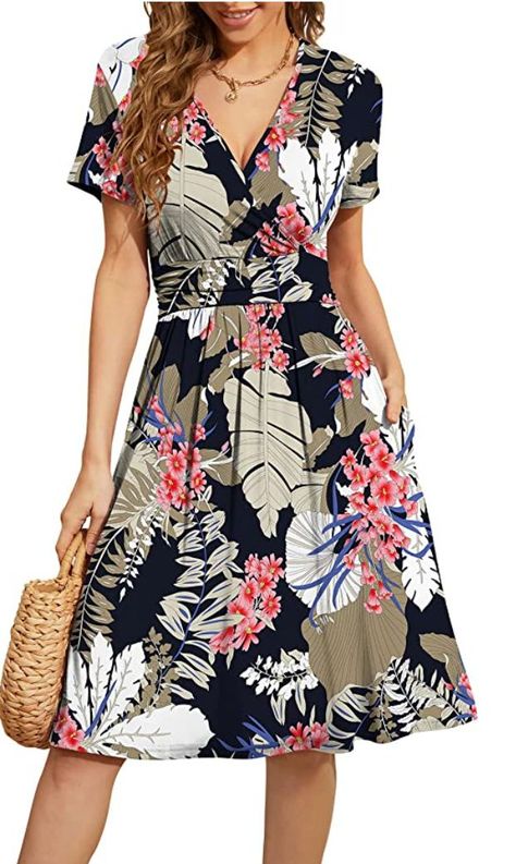 Women's Summer Short Sleeve Casual Dresses V-Neck Party Dress with Pockets #sundress #dress #summer #fashion Women Summer Casual, Floral Party Dress, Casual Short Sleeve Dress, Womens Summer Shorts, Empire Waist Dress, Floral Sundress, Sleeve Dresses, Casual Summer Dresses, Dress With Pockets