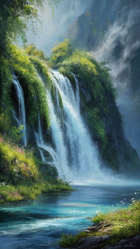 Immerse yourself in the tranquil beauty of nature with this stunning waterfall wallpaper. Featuring a cascading waterfall surrounded by vibrant greenery and blooming wildflowers, the scene captures the essence of peaceful solitude. The interplay of light and shadow adds a touch of Romanticism, evoking awe and wonder. Perfect for nature lovers, this wallpaper brings the beauty of the outdoors into your space. Keywords: waterfall, nature wallpaper, serene landscapes, Romantic art. Serenity Wallpaper, Classical Landscape, Waterfall Wallpaper, Waterfall Pictures, Watercolor Art Landscape, Waterfall Paintings, Waterfall Art, Waterfall Landscape, Dappled Light