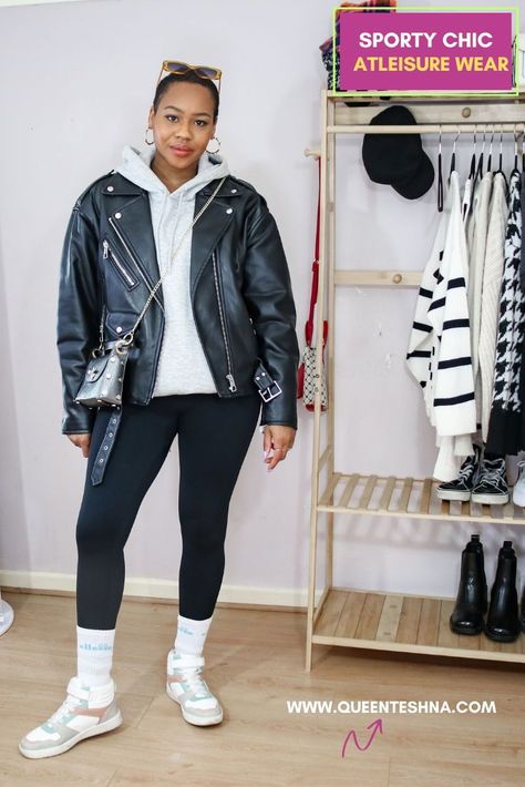 Easy streetwear sporty chic ensemble to recreate. leather jacket, grey hoodie, leggings, and trainers, this look is perfect for staying comfortable and fashionable on the go. Find more streetwear fashion inspiration on my YouTube channel! #SportyChic #StreetwearFashion #FashionInspiration #YouTubeFashion Leather Jacket And Hoodie, Hoodie And Jeans Outfit, Edgy Style Inspiration, Styling Leggings, Hoodie And Leggings Outfit, Recreating Pinterest Outfits, Street Style Sporty, Outfit Ideas Cozy, Cosy Fall