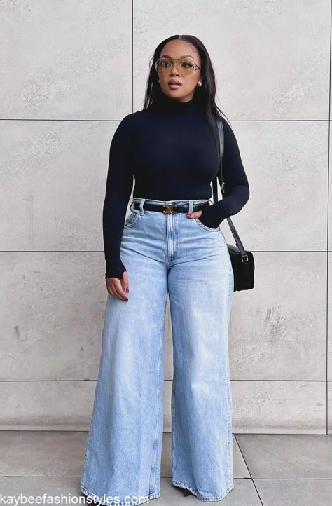 How To Wear Jeans for Work: 10 Best Ways - Kaybee Fashion Styles White Sweater Jeans Outfit, Black Woman Minimalist Style, Fashion For Large Bust Outfits, Cardigan As Shirt Outfit, Modest Fashion Outfits Ideas, Winter Classy Outfits Women, Jean Large Outfit, How To Style Wide Leg Trousers, White Shirt And Jeans Outfit