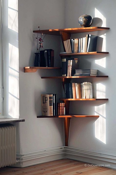 Shelves For Books Wall, Corner Library Nook, Bookshelves Ideas Living Room, Corner Bookshelf Ideas, Corner Book Shelves, Book Shelf Corner, Wall Shelves Corner, Small Bookshelf Ideas, Cat Bookshelf